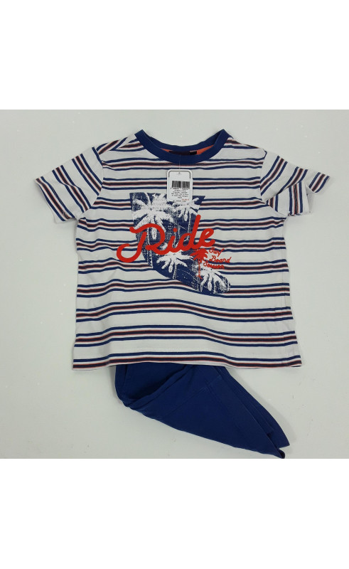 Ensemble T shirt MC bleu rayé "ride" et short en coton bleu