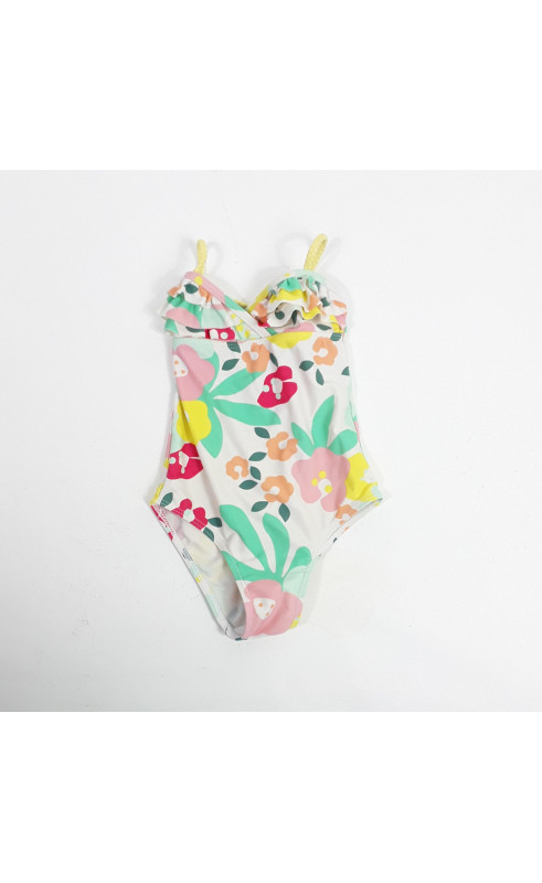 Maillot de bain blanc fleuri avec bretelle jaune