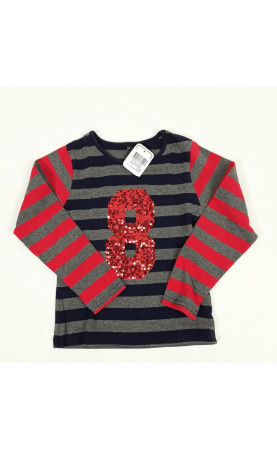 T-shirt ML bleu/gris manche rouge et " 8 "