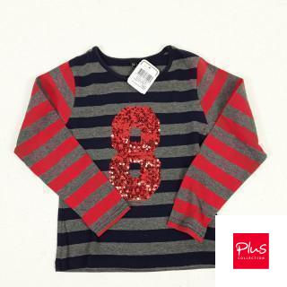 T-shirt ML bleu/gris manche rouge et " 8 "