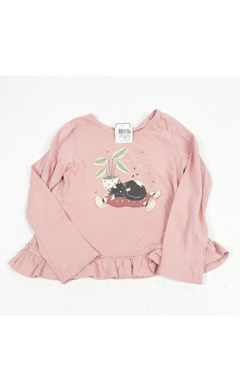 T-shirt ML rose imprimé pot de fleur et chat qui dort