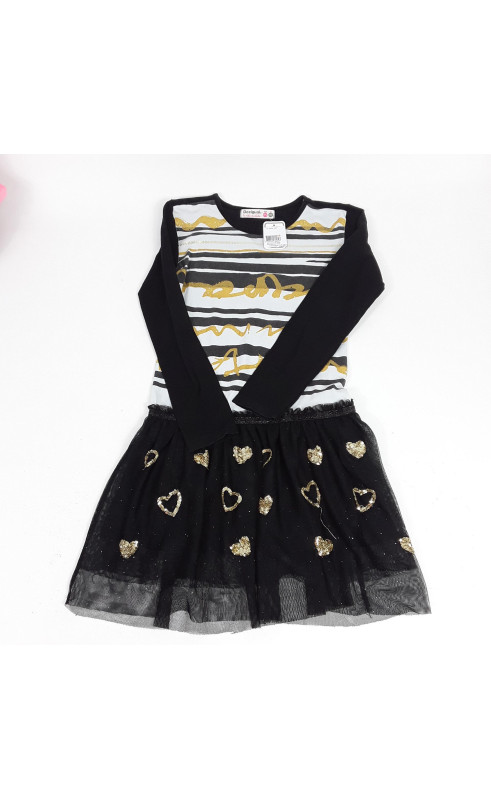 Robe ML rayée noire blanche et dorée  coeurs pailletés