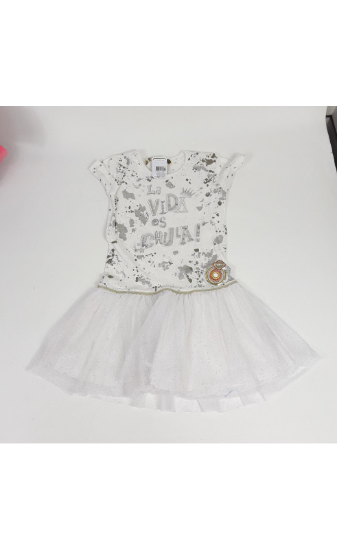 Robe MC blanche à pois argentés tulle paillettes argentées