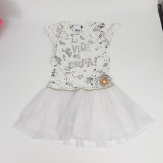 Robe MC blanche à pois argentés tulle paillettes argentées