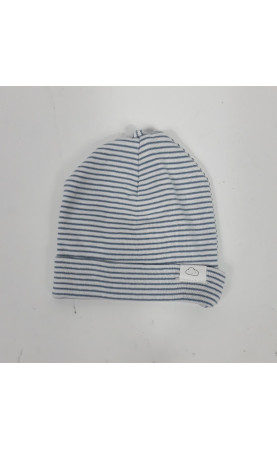 bonnet de naissance blanc avec rayure bleu