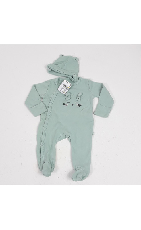 Pyjama en coton vert d'eau tete de lapin + bonnet