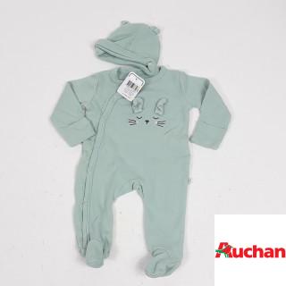 Pyjama en coton vert d'eau tete de lapin + bonnet