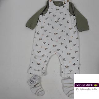 ensemble 3 pièces salopette blanc et body ml vert avec chaussette