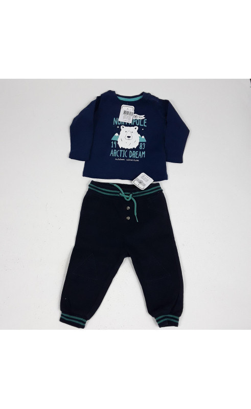 ensemble 2 pièces t-shirt ml bleu motif ours et jogging bleu et vert