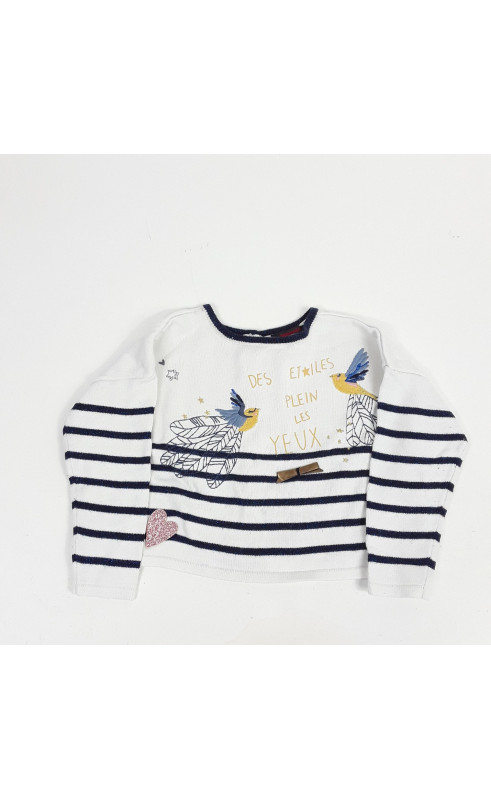 Pull blanc marinière avec oiseau " des étoiles plein les yeux"