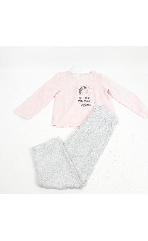 Pyjama velours 2 pièces rose et gris licorne