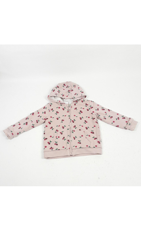 Veste à capuche doublée pilou rose imprimée cerises