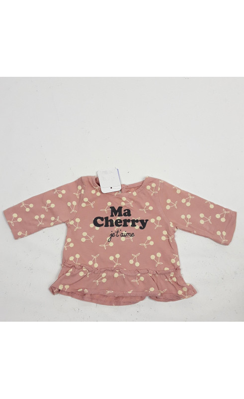 t-shirt ml rose motifs cerise jaune " ma cherry je t'aime "