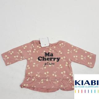 t-shirt ml rose motifs cerise jaune " ma cherry je t'aime "