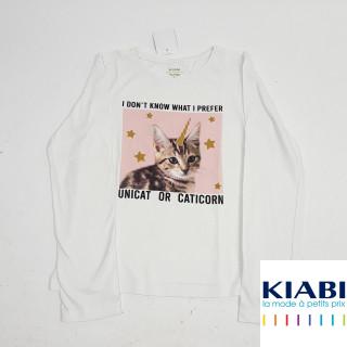 t-shirt ml blanc motif chat avec une corne pailleté