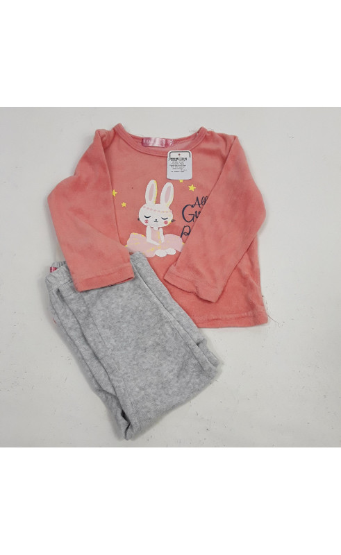 ensemble 2 pièces pyjama bas gris et haut rose motifs lapin et étoiles