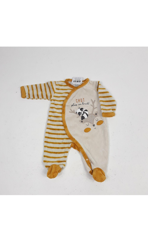 pyjama beige avec rayures moutardes motifs panda et renard