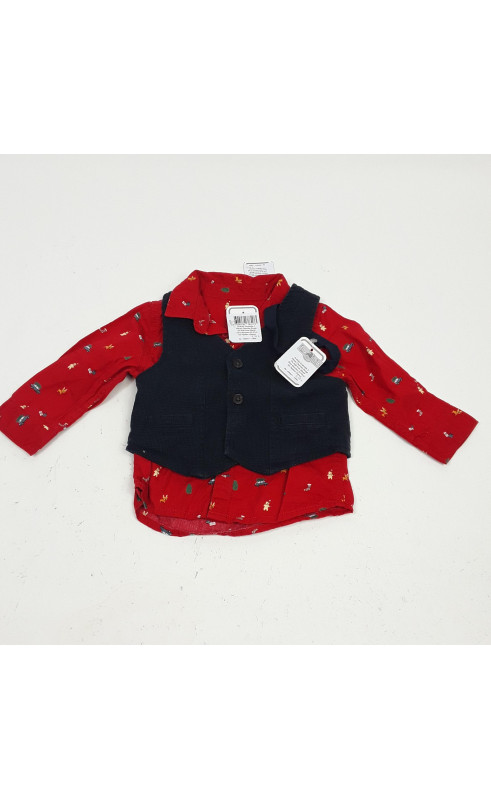 ensemble 3 pièces chemise rouge de noël avec blazer sans manches et nœud de papillon