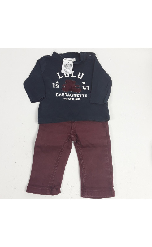 ensemble 2 pièces pantalon bordeaux et t-shirt ml bleu marine motif ours bordeaux