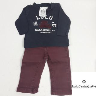 ensemble 2 pièces pantalon bordeaux et t-shirt ml bleu marine motif ours bordeaux