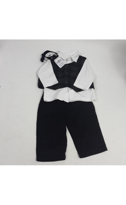 ensemble 3 pièces chemise blanche ml et nœud gilet de costume noir à carreau et pantalon noir