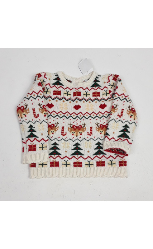 pull blanc motifs de noel beige rouge et vert