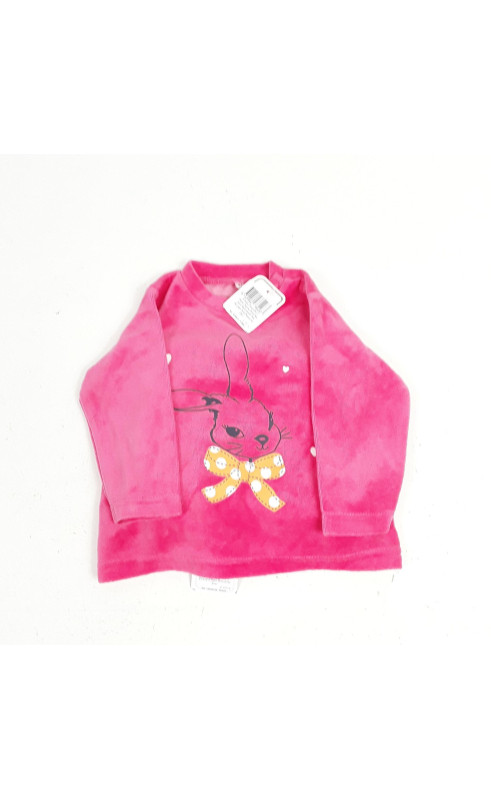 ensemble 2 pièces pyjama rose bas avec pieds motifs tete de lapin avec noeud au cou