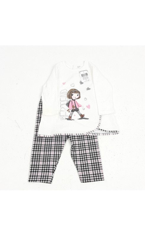 ensemble 2 pièces t-shirt ml blanc motifs fille et legging blanc à carreaux noir et rose