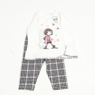 ensemble 2 pièces t-shirt ml blanc motifs fille et legging blanc à carreaux noir et rose