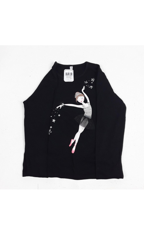 t-shirt ml noir motifs fille qui dance et étoiles