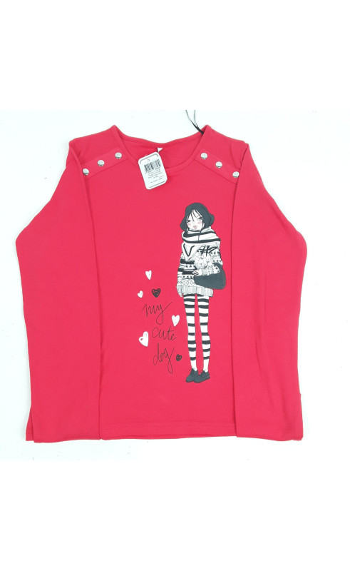 t-shirt ml rouge motifs fille avec un chien dans un sac