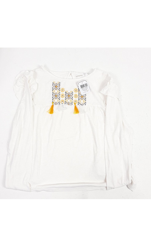 t-shirt ml blanc avec froufrou blanc et jaune