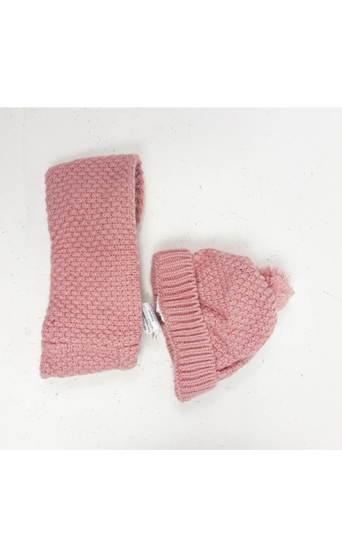 ensemble 2 pièces bonnet avec pompon rose et cache cou 3/6 mois