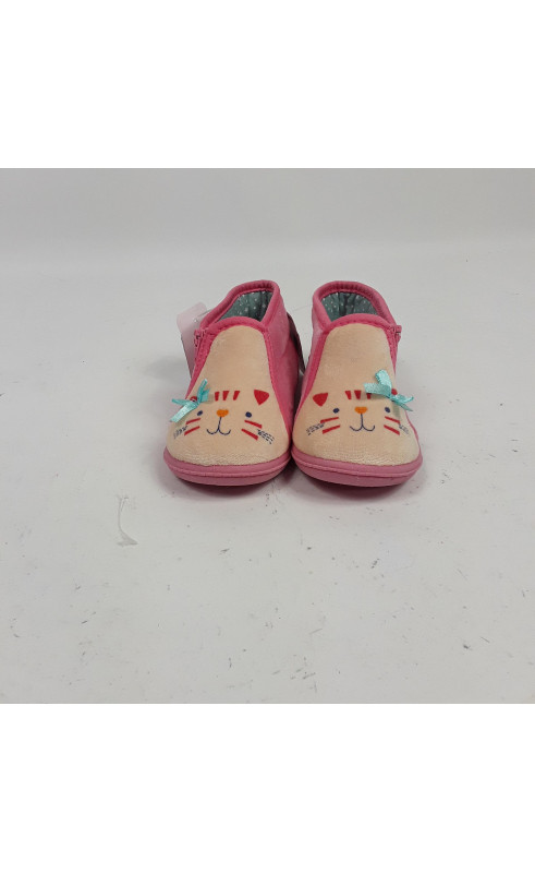 chaussons rose et beige motifs tete de chat avec noeuds