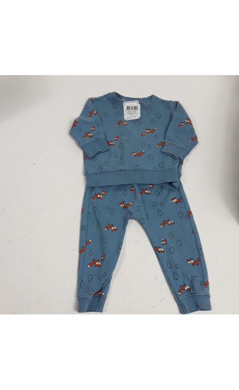 ensemble 2 pièces bleu pull et jogging motif renard et sapins