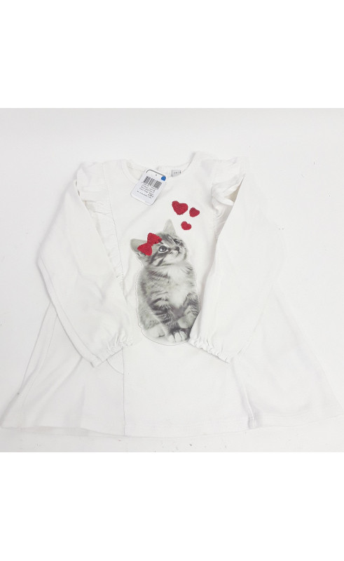 T-shirt ML blanc motif chat et coeur rouge sequin