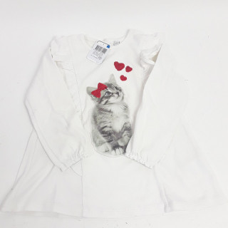 T-shirt ML blanc motif chat et coeur rouge sequin